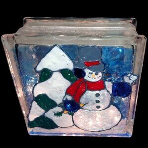 VINTAGE HAND PAINTED HANDMADE SNOWMAN WITH TREE GLASS CUBE WITH WHITE LIGHTS NEW